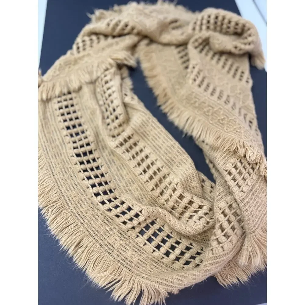 Boho Tan Crochet Knit Scarf Fringe Chunky Open Weave Infinity Hippie Chic